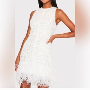 MILLY White Tweed DRESS with Feather Fringe 8. NWOT